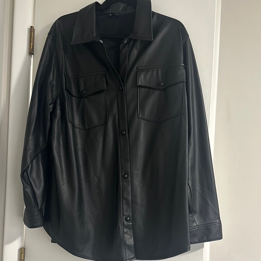Black Faux Leather Button-Up Shirt
